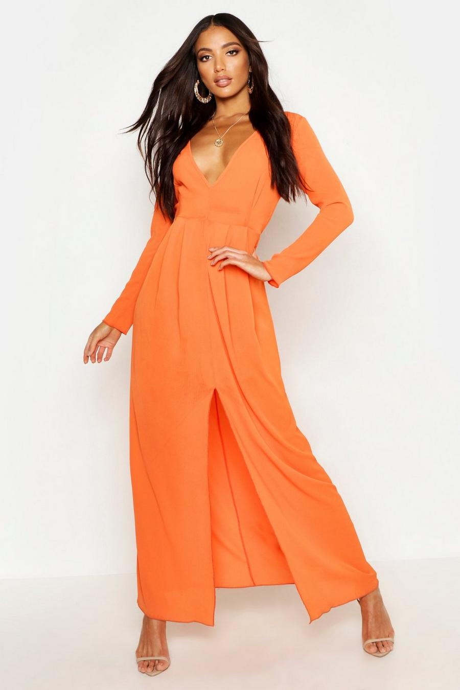 Orange Woven V Neck Split Front Maxi Dress image number 1