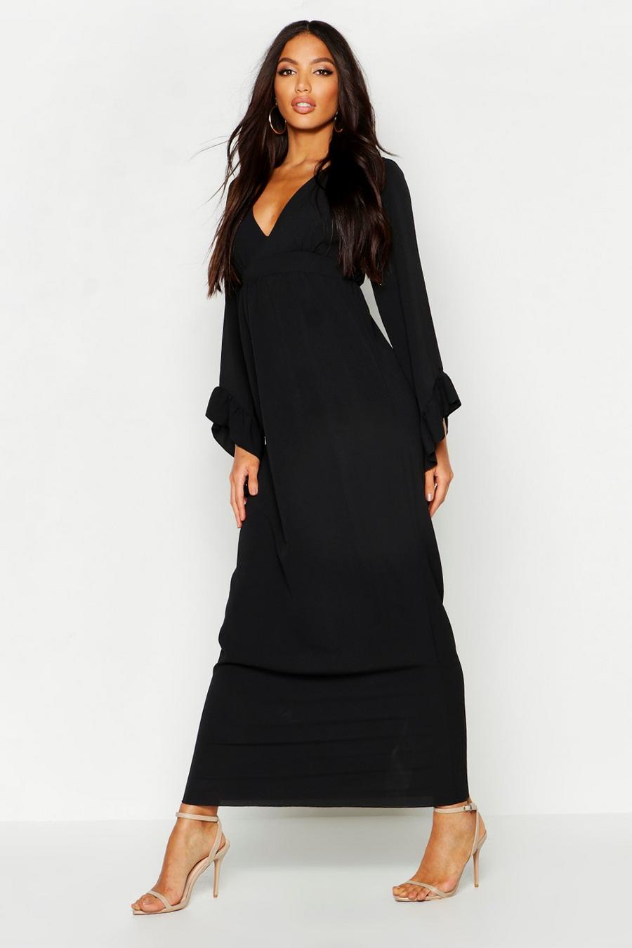 Black Woven Ruffle Sleeve Neck Maxi Dress image number 1