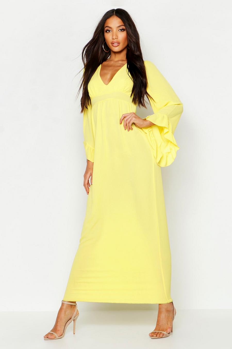 Yellow Woven Ruffle Sleeve Neck Maxi Dress image number 1