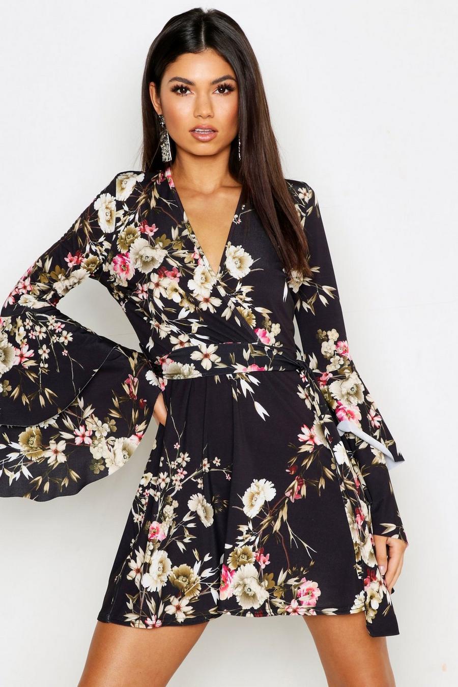 Floral Wrap Extreme Ruffle Sleeve Skater Dress image number 1