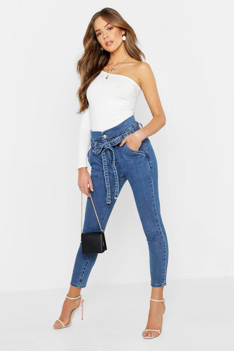 Jeans mit hoher Paperbag-Taille, Blau image number 1