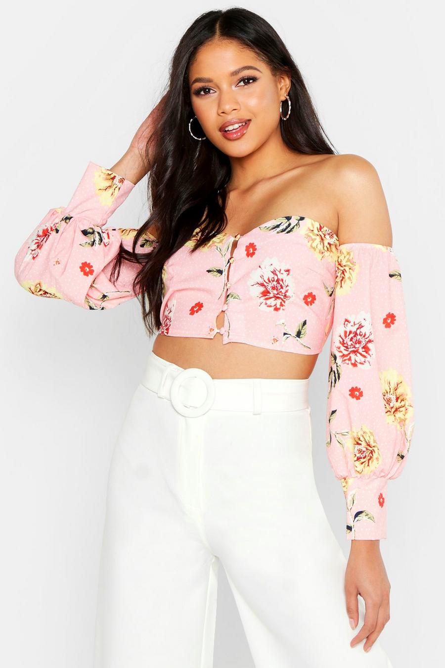 Tall Woven Floral Print Button Off The Shoulder Top image number 1