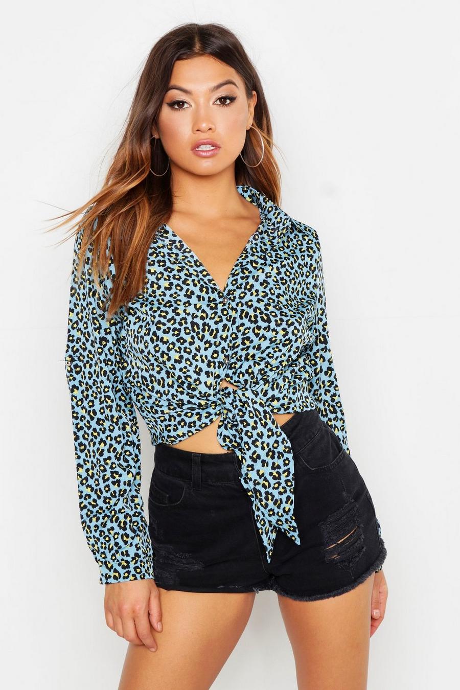 Woven Leopard Print Tie Front Shirt image number 1