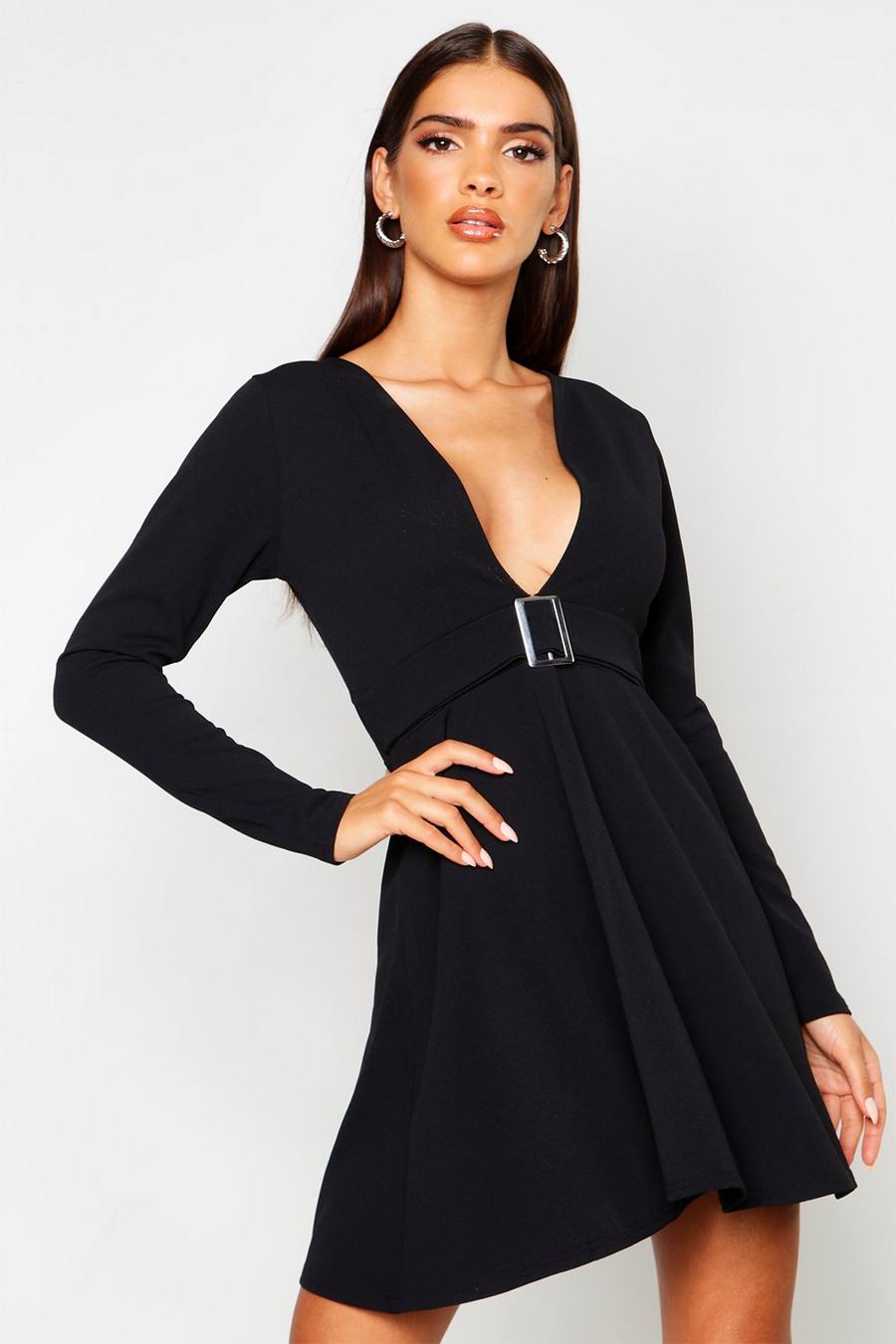 Black Long Sleeved Belted Plunge Skater Dress