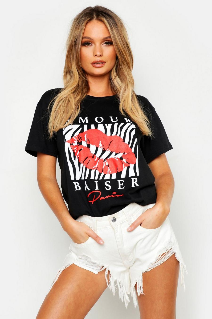 T-Shirt mit Zebra-Print und dem Aufdruck Lippen in Französisch image number 1