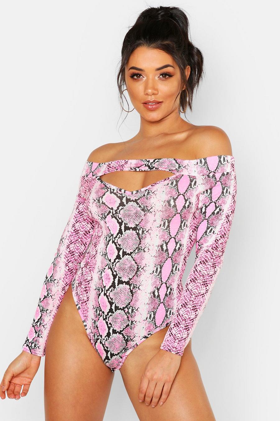 Snake Print Cut Out Long Sleeve Bodysuit image number 1