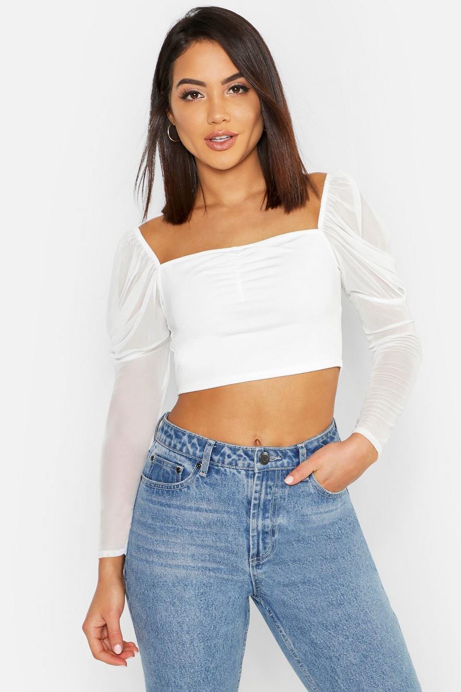 Ruched Front Mesh Puff Sleeve Peasant Crop image number 1