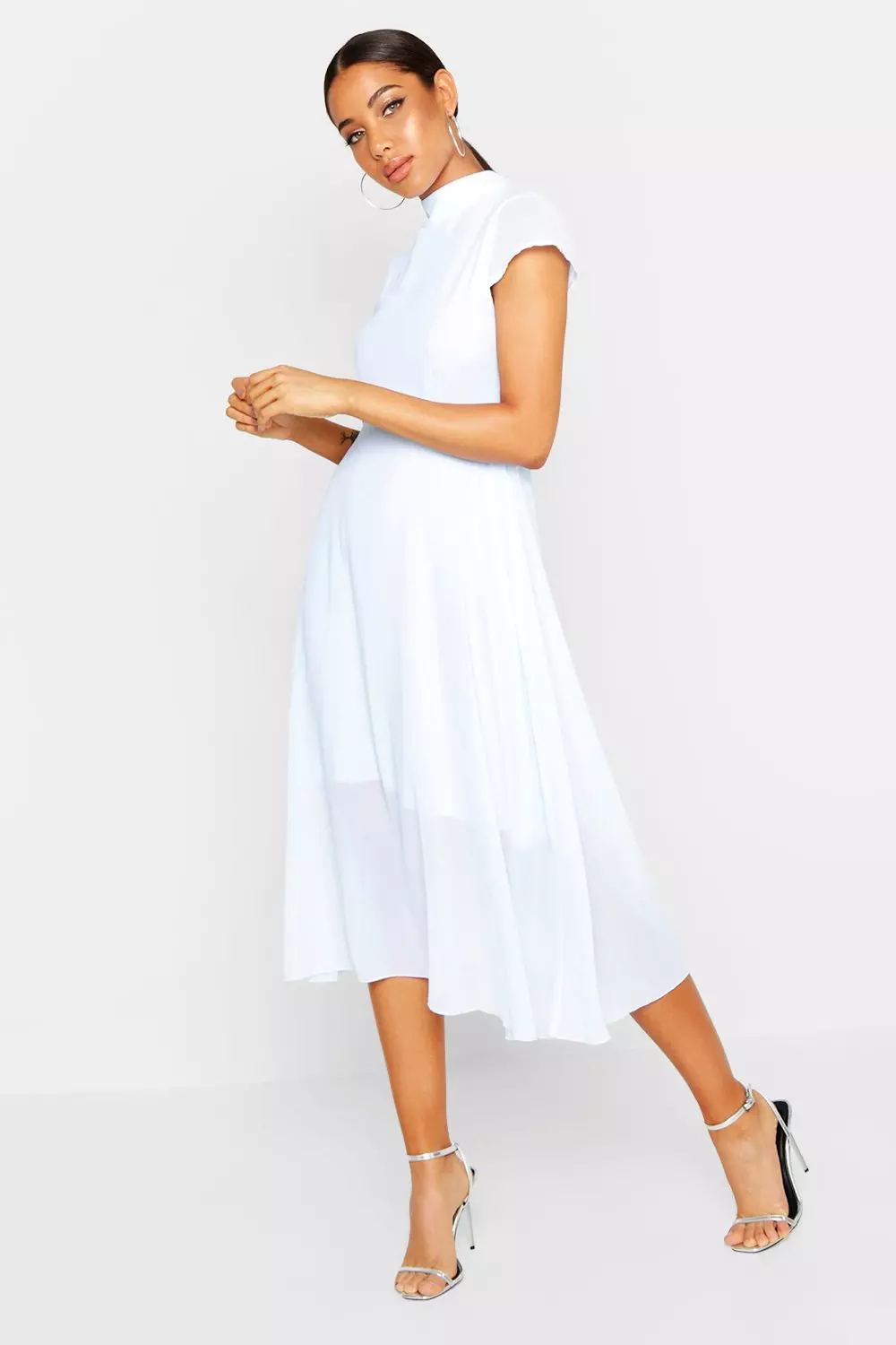 High neck clearance flutter sleeve dress