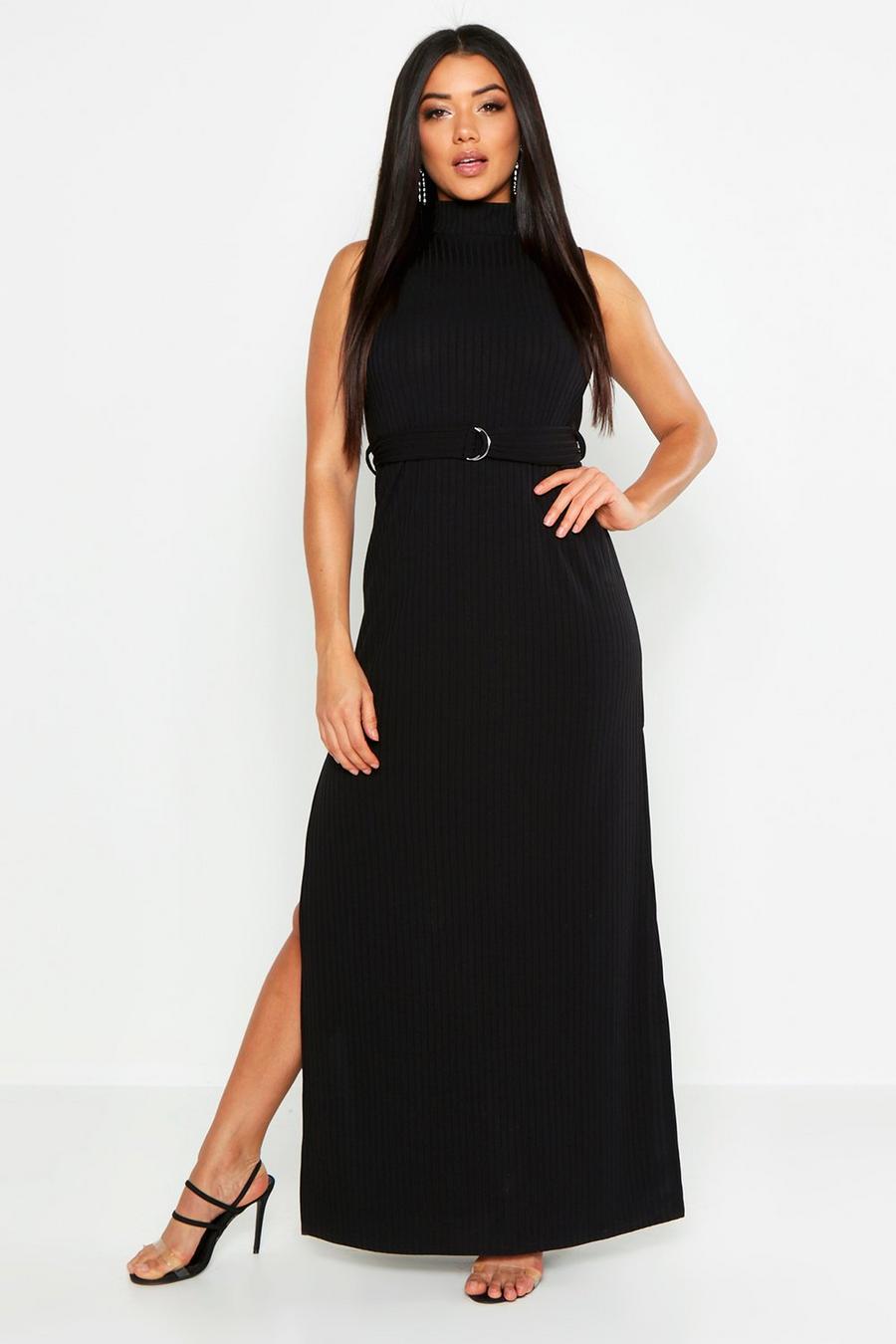 Rib Belted High Neck Double Split Maxi Dress image number 1