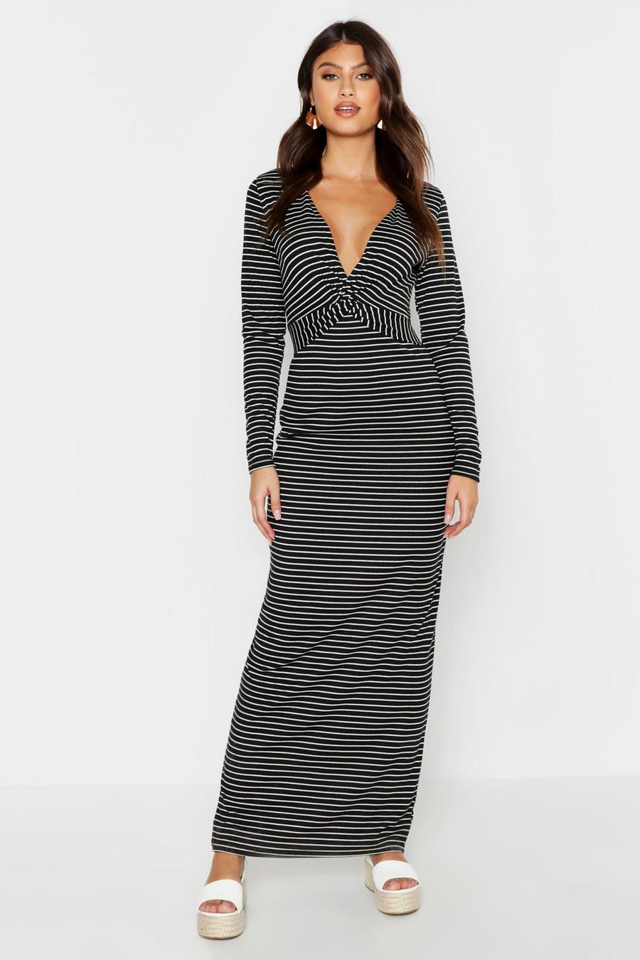Rib Plunge Knot Front Stripe Maxi Dress image number 1