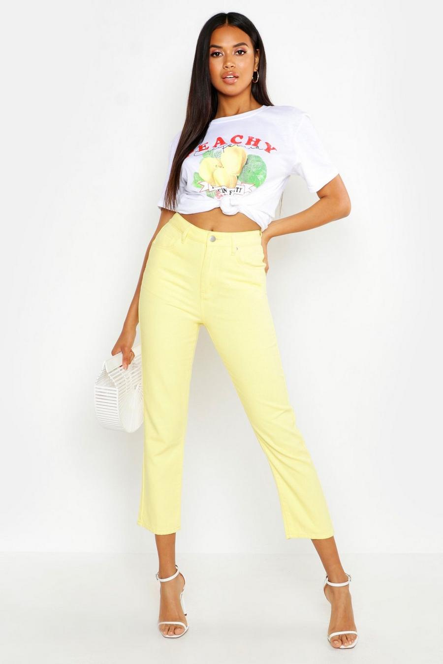 Mom-Jeans mit hoher Taille und Zitronen-Print, Zitronengelb image number 1