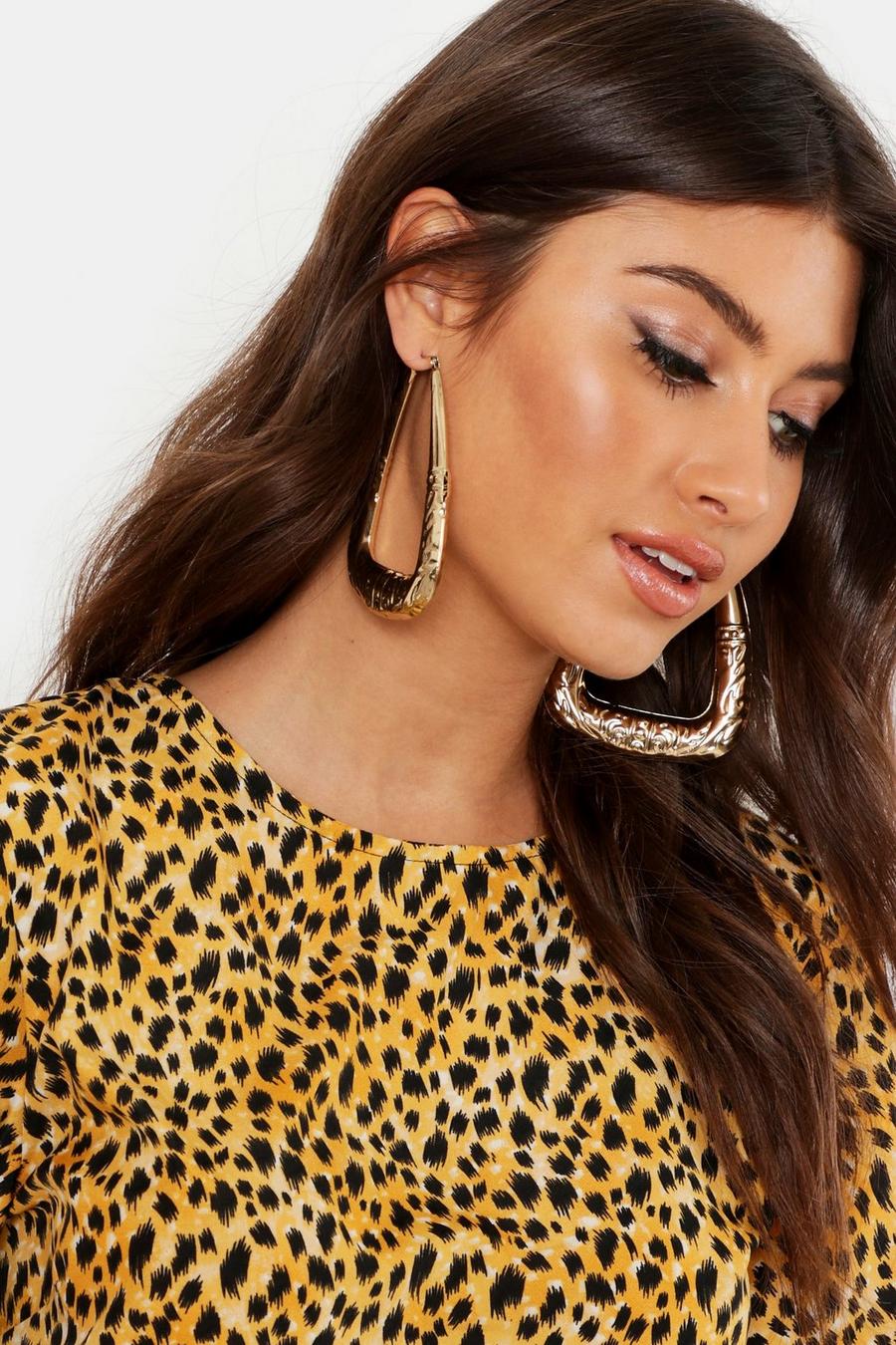 Gold metallic Etched Boho Rectangle Hoops image number 1