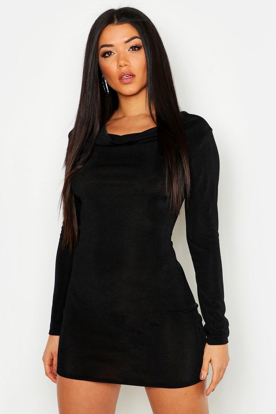 Black Textured Slinky Cowl Neck Bodycon Dress image number 1
