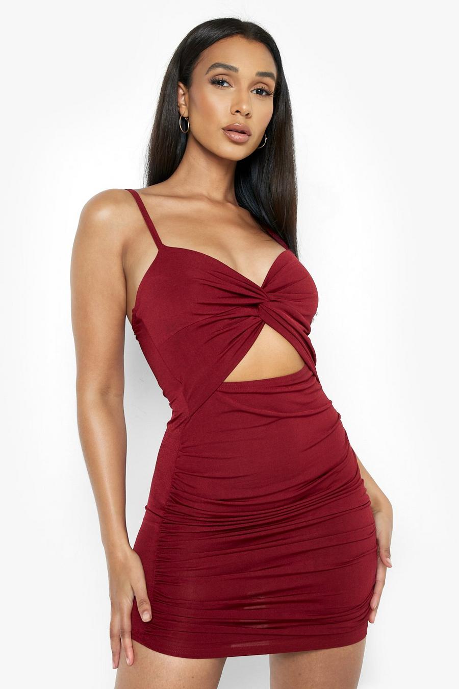 Berry Rouched Knot Front Bodycon Mini Dress image number 1