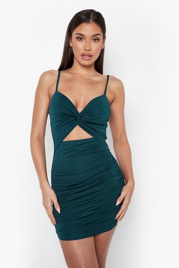 Green Ruched Tie Front Bodycon Mini Dress