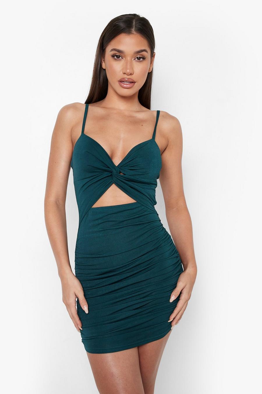 Bottle green Rouched Knot Front Bodycon Mini Dress image number 1