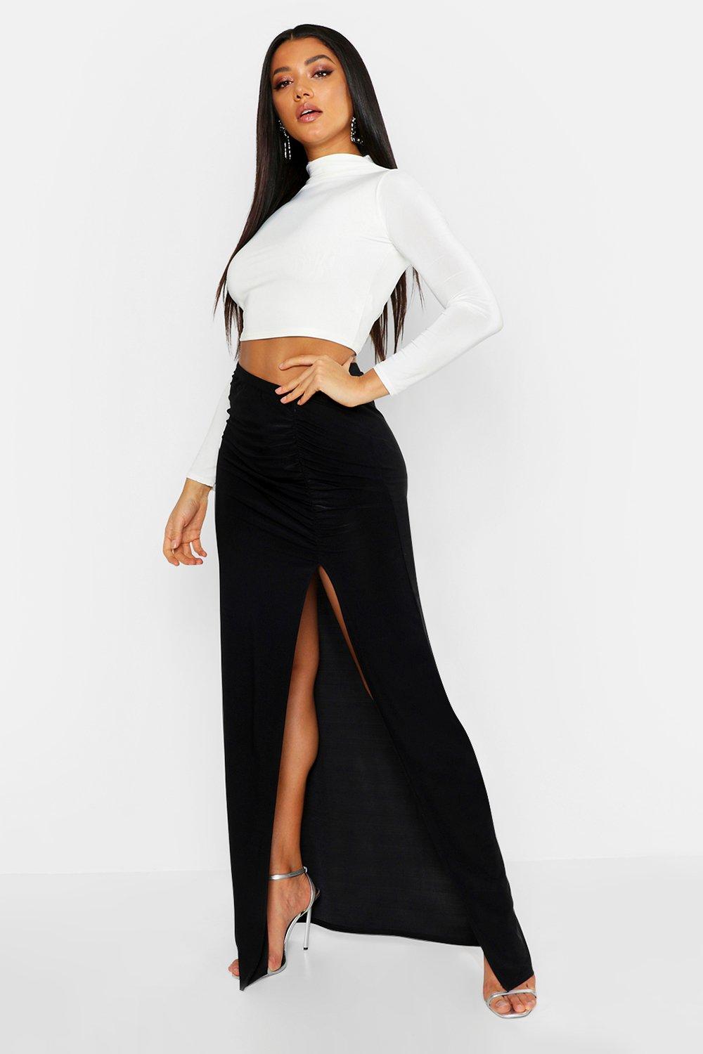 black ruched maxi skirt