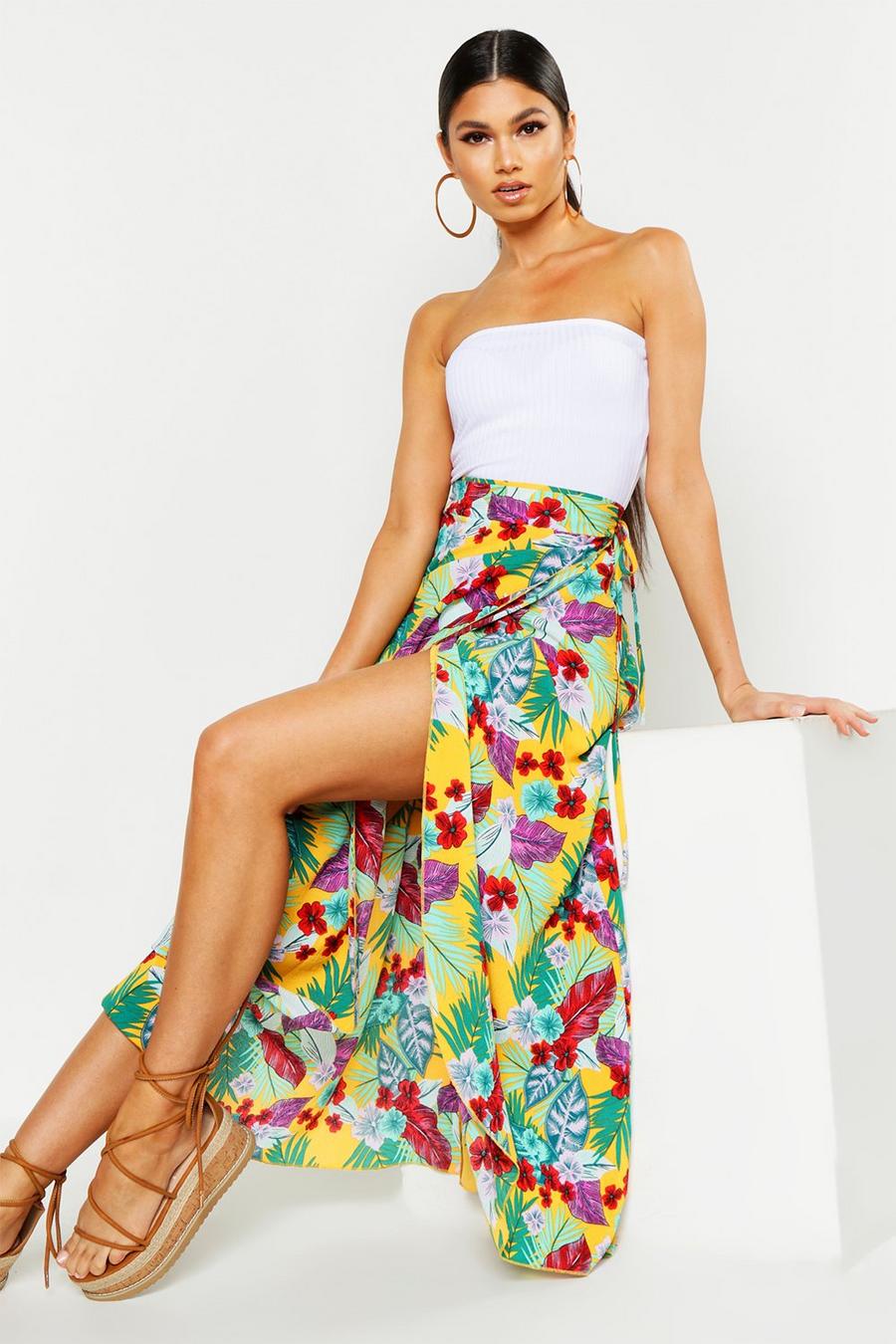 Yellow Palm Print Wrapped Maxi Skirt image number 1