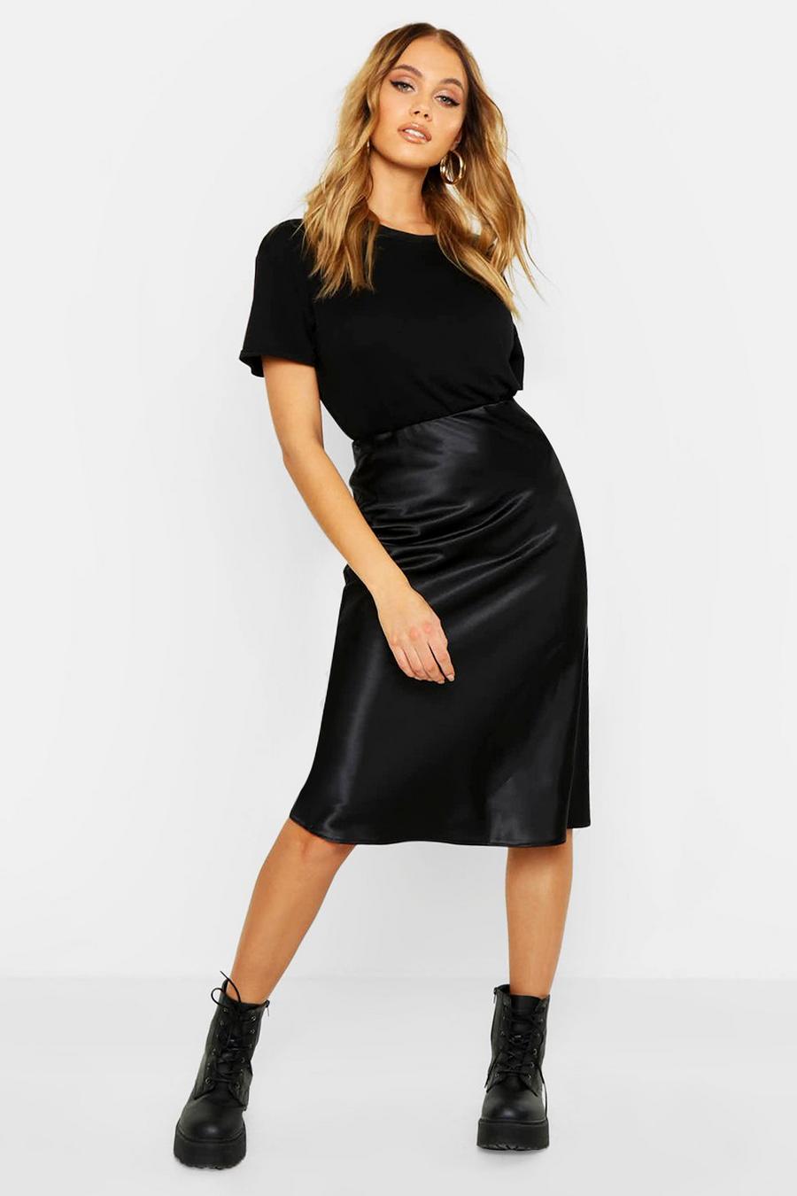 Black Neon Luxe Satin Bias Cut Midi Skirt image number 1