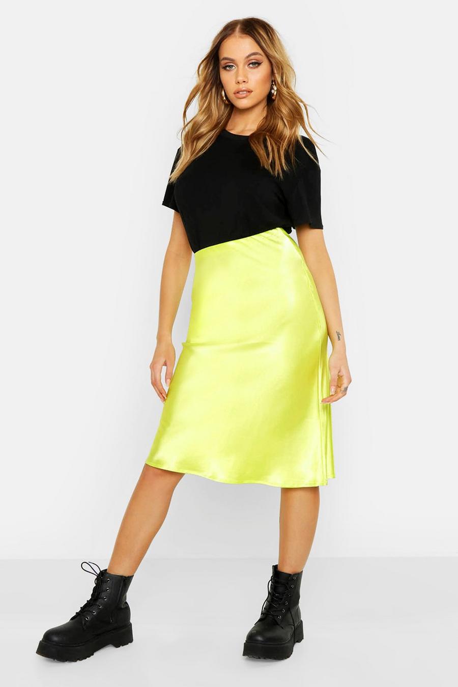 Lime Neon Luxe Satin Bias Cut Midi Skirt image number 1