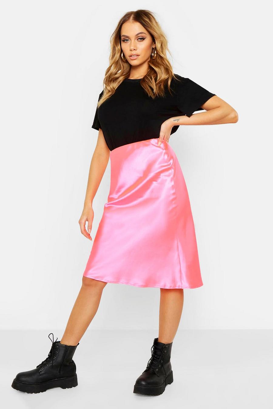 Pink Neon Luxe Satin Bias Cut Midi Skirt image number 1