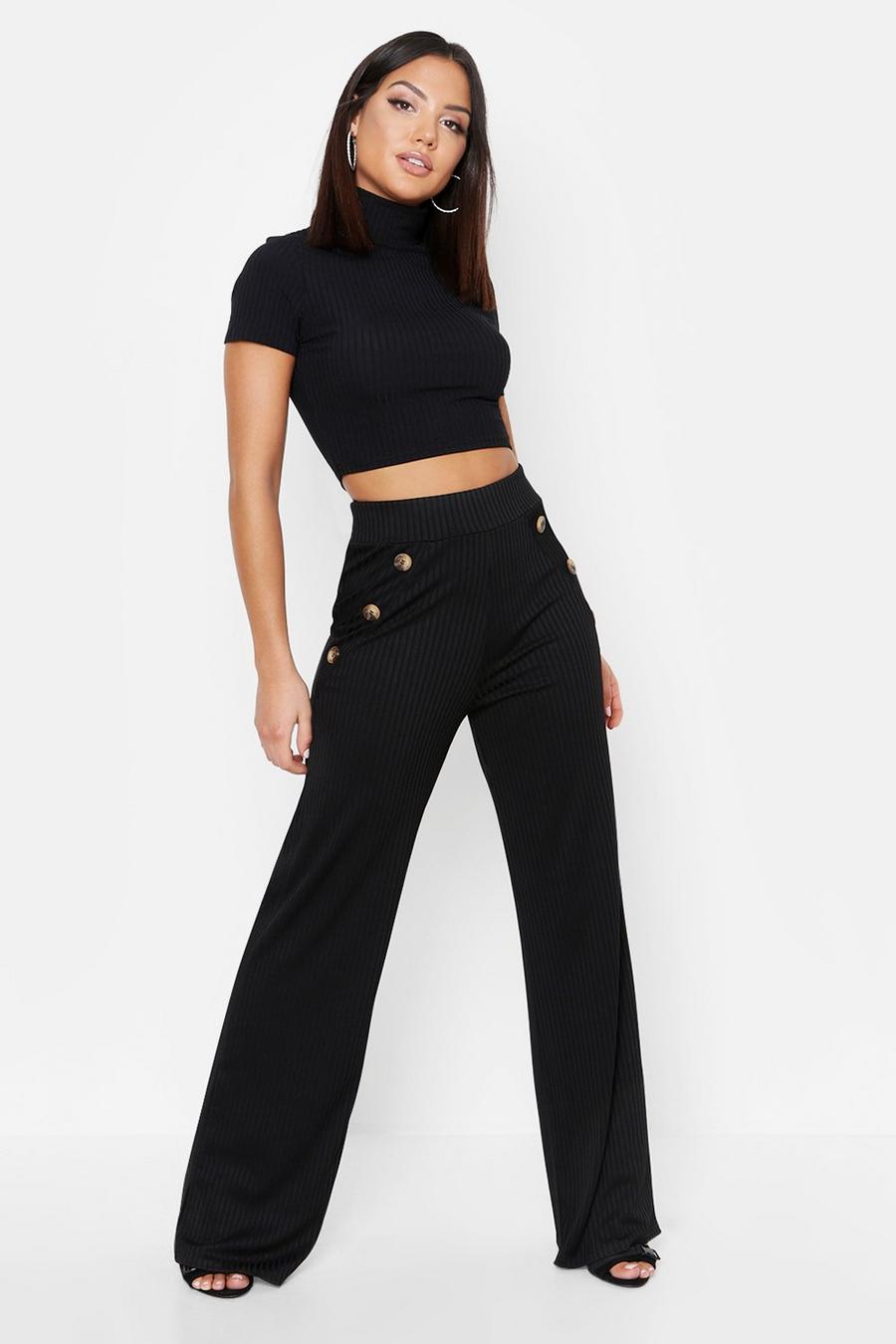 Mock Horn Button Ribbed Wide Leg Trousers image number 1
