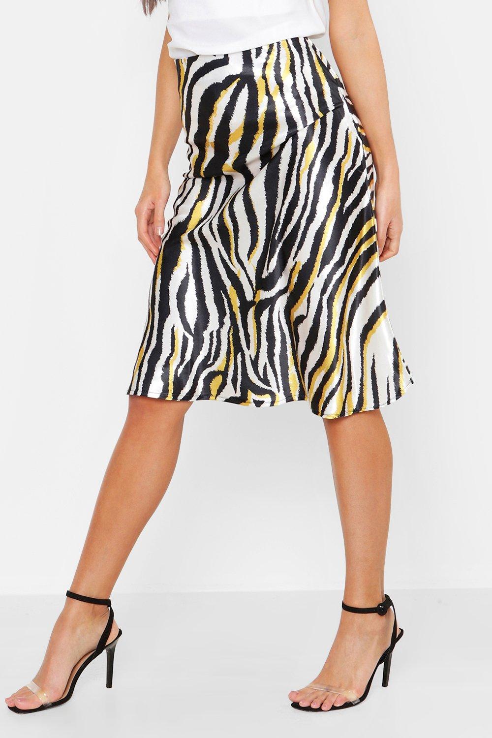 Bias Satin Zebra Print Midi Skirt