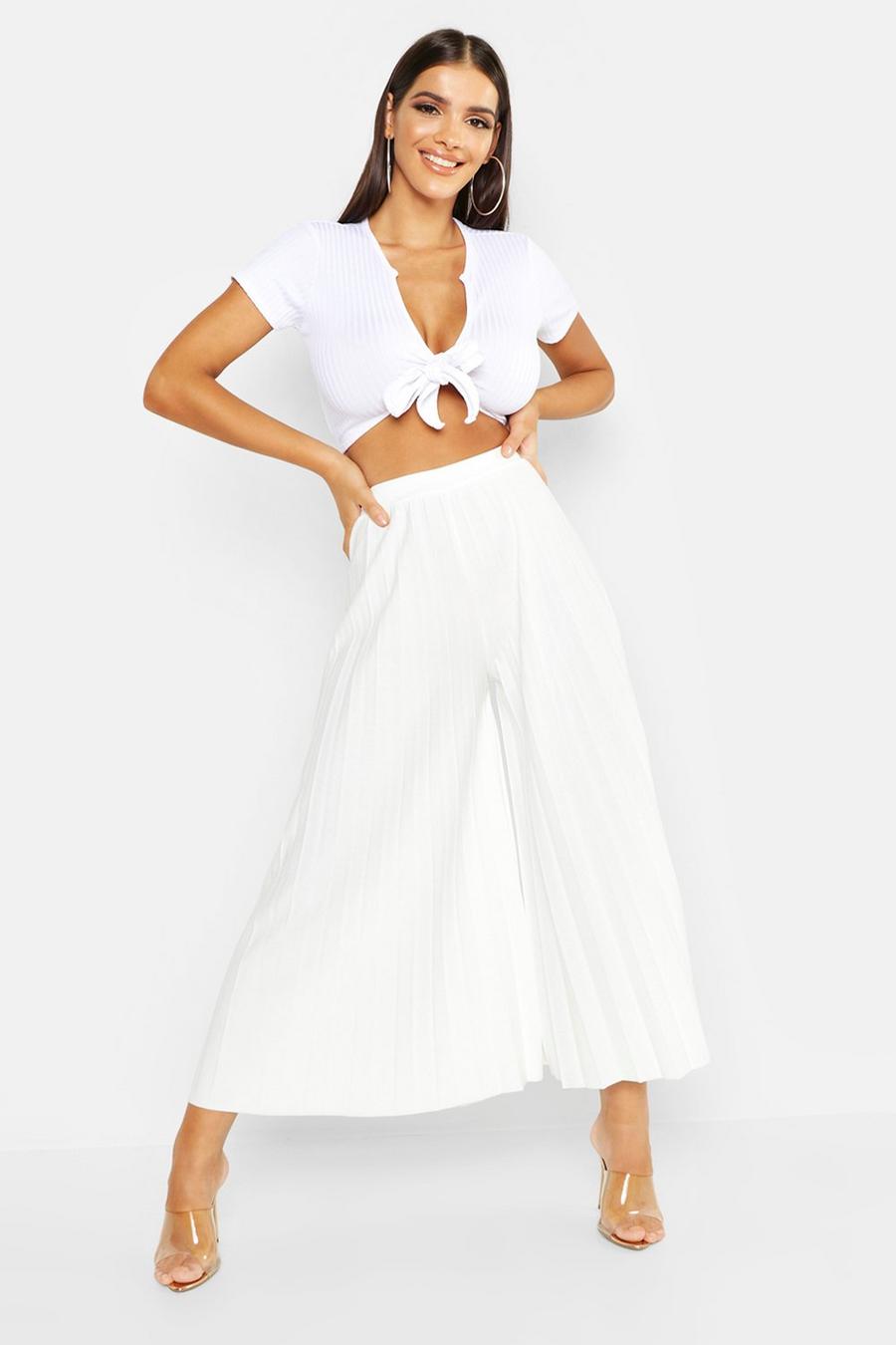 Ivory High Waist Pleated Wide Leg Culottes image number 1