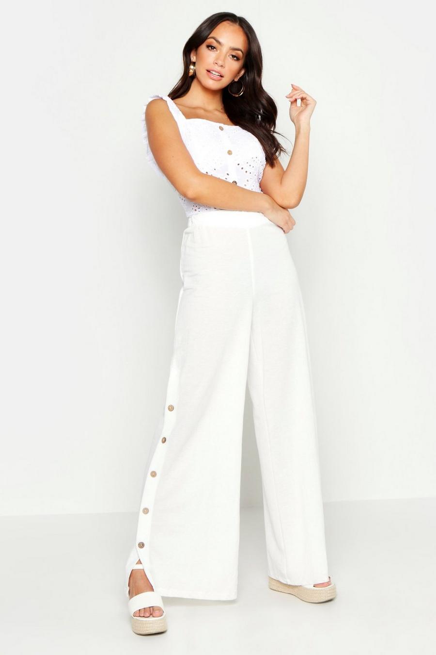 Button Side Linen Look Wide Leg Trousers image number 1