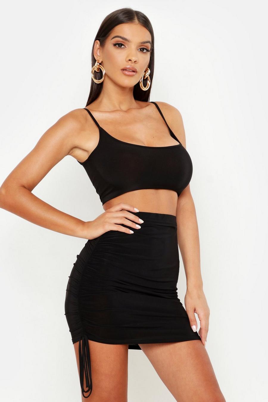 Black Slinky Cami Top And Ruche Mini Skirt Co-Ord image number 1
