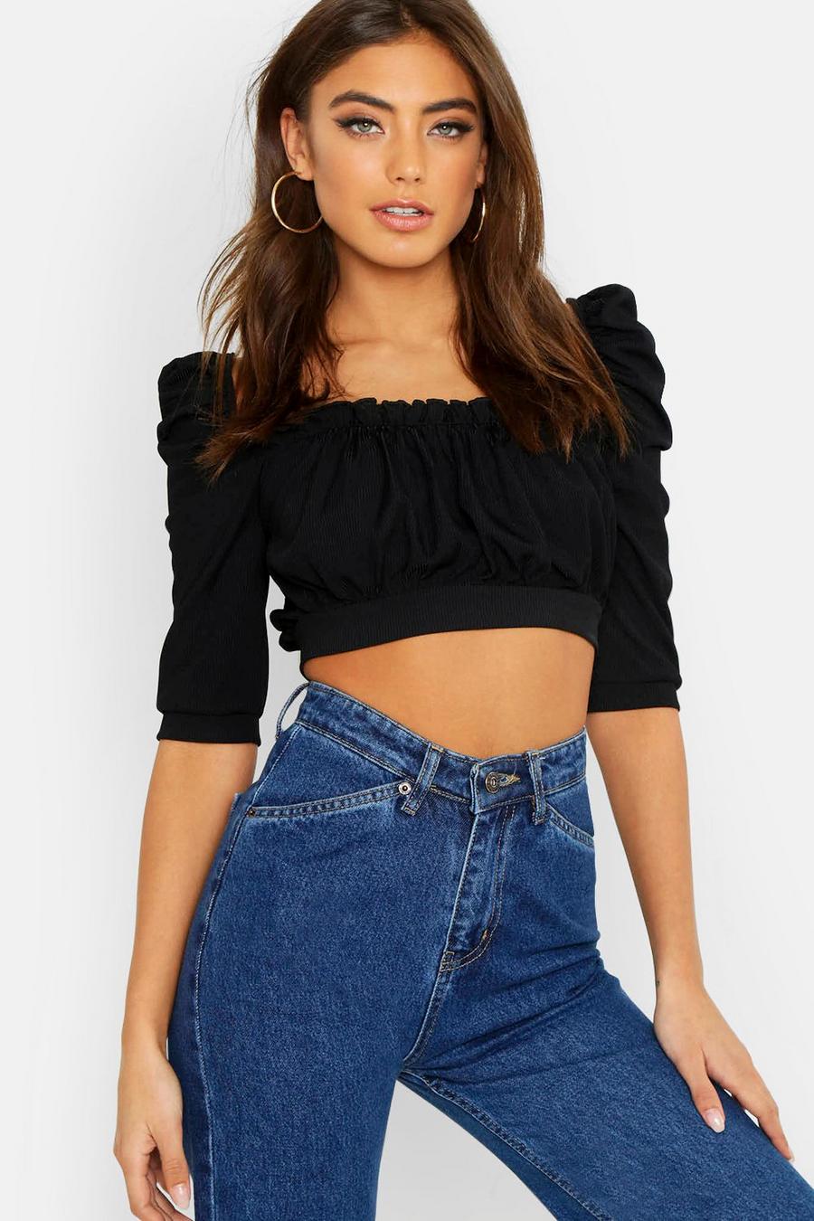 Rib Ruffle Edge Puff Sleeve Crop image number 1