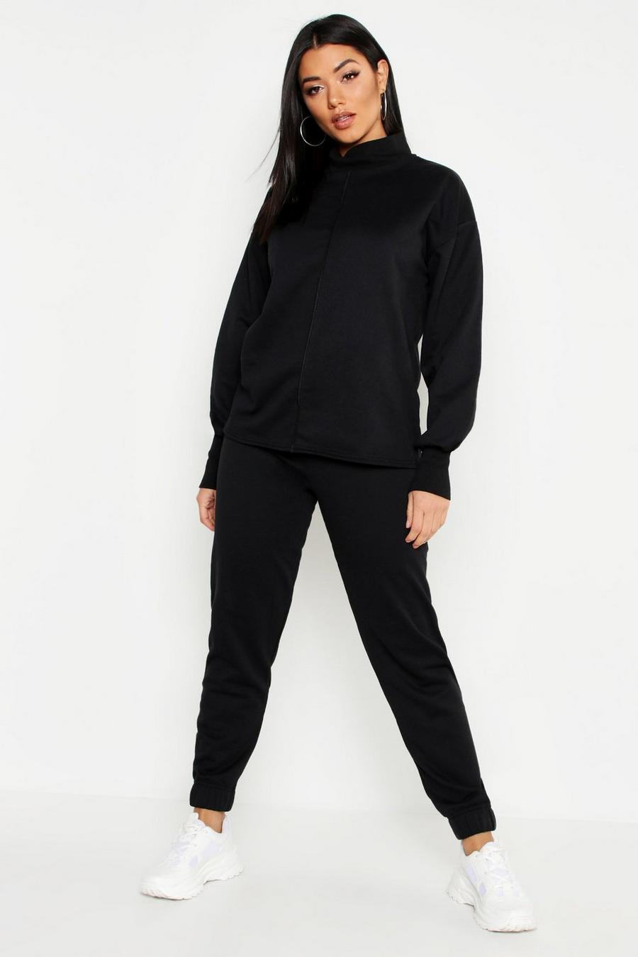 Suéter con detalle de costuras y cuello embudo y pantalones de deporte básicos, Negro nero image number 1