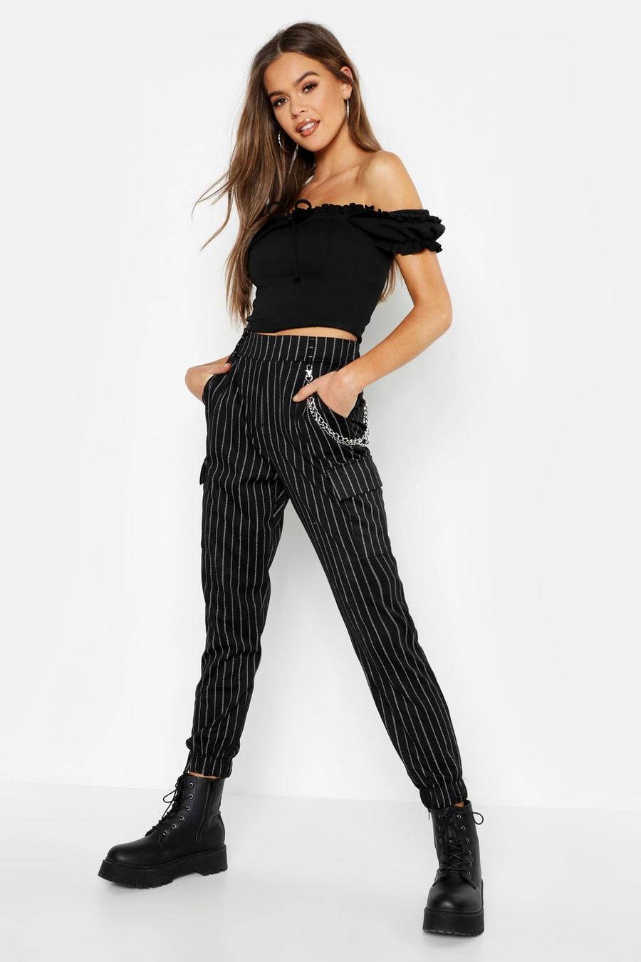 Black Pinstripe Chain Cargo Pants image number 1