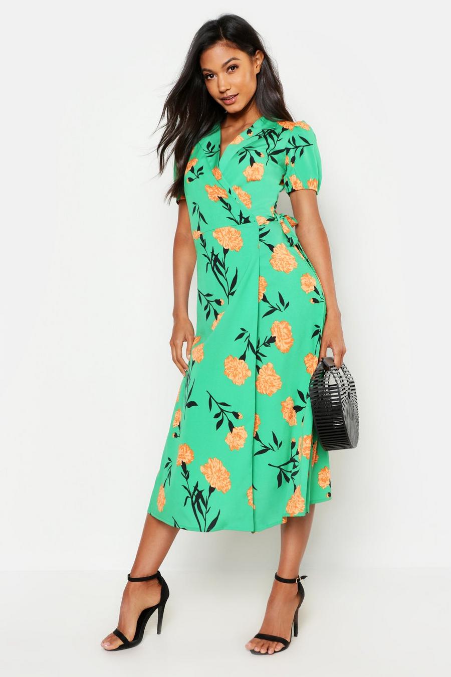 Green Floral Print Tie Wrap Midi Skater Dress image number 1