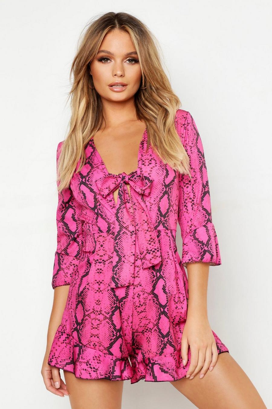 Pink Snake Print Knot Front Playsuit