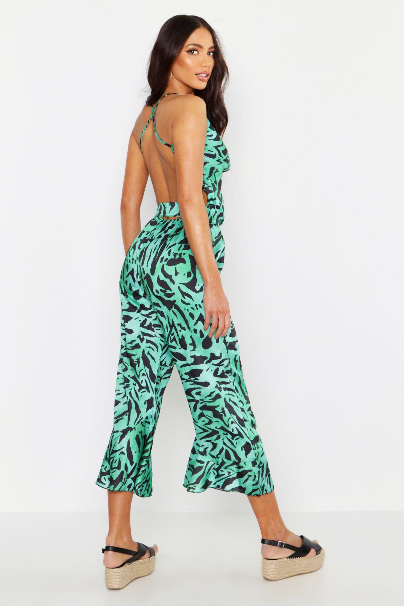 Cowl Front Backless Satin Tiger Culotte Jumpsuit