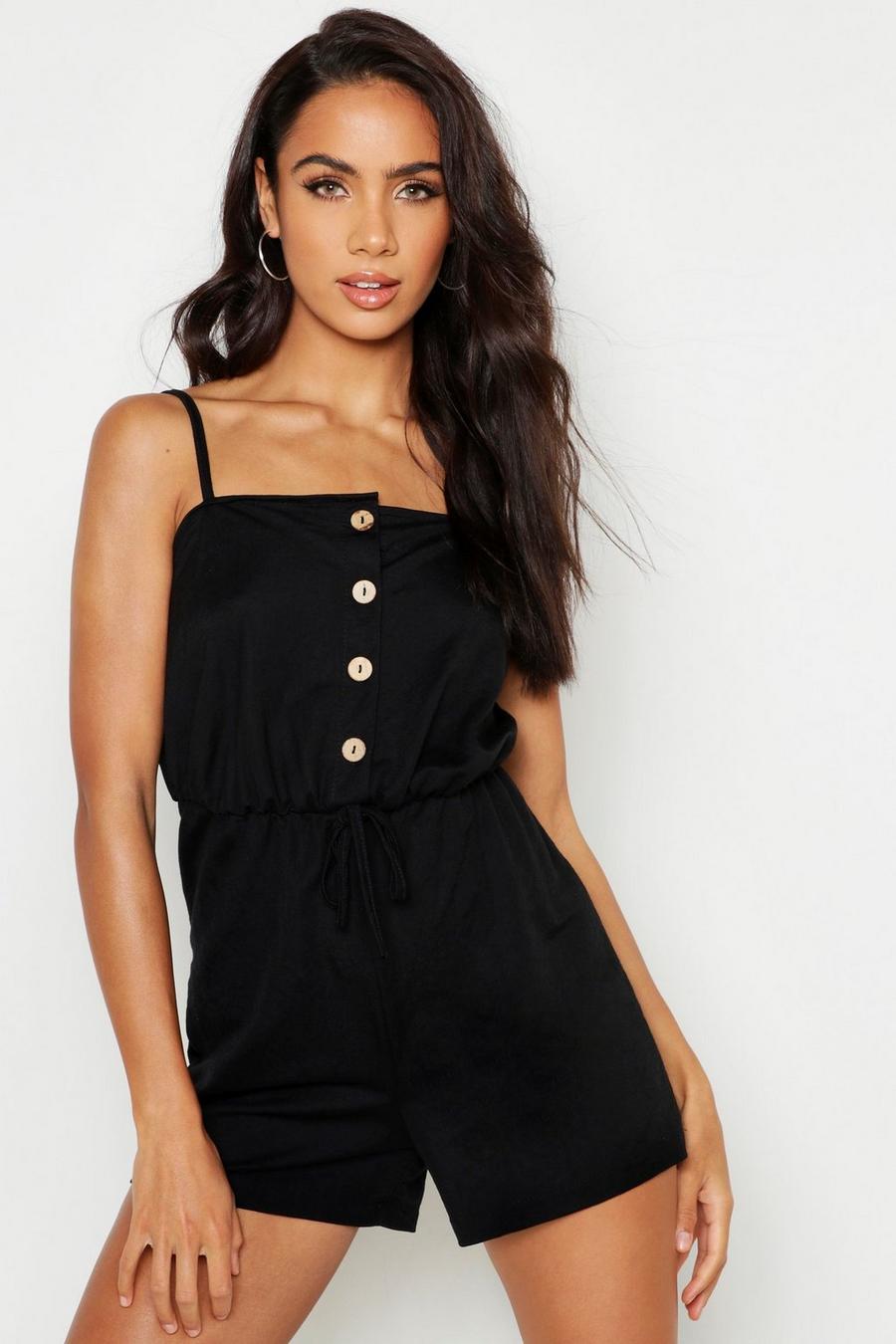 Black Button Front Linen Look Playsuit image number 1