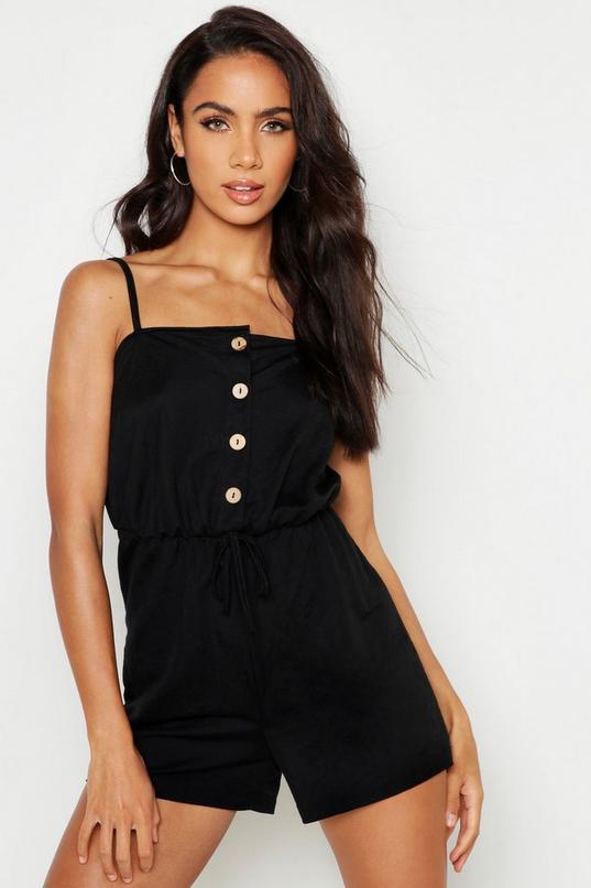 Button Front Linen Look Playsuit | boohoo