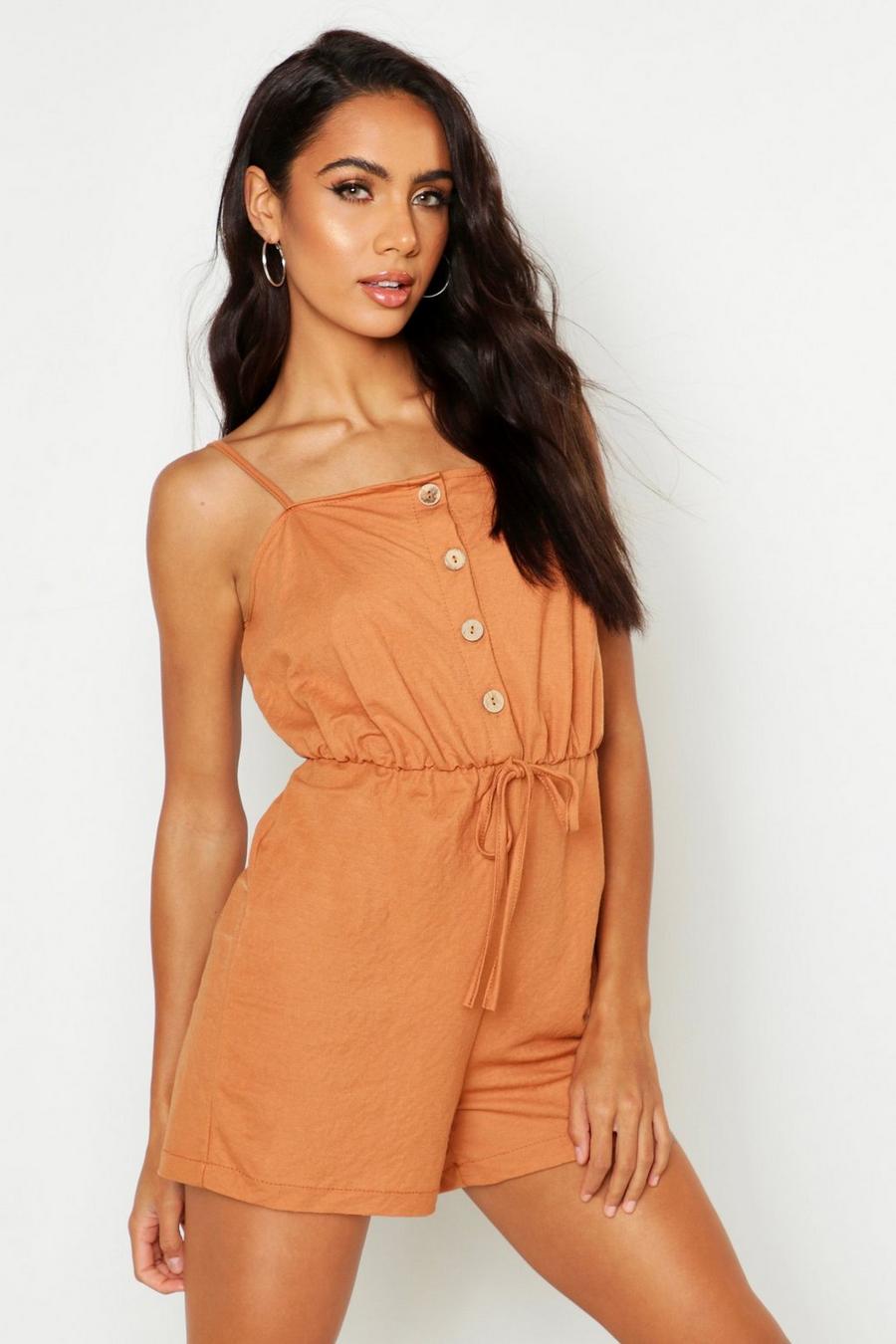 Terracotta Button Front Linen Look Playsuit image number 1