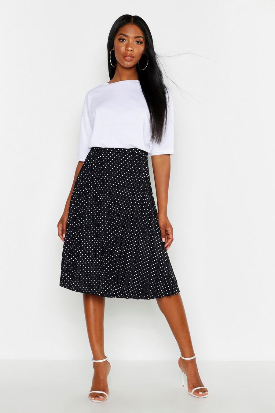 Black Polka Dot Pleated Midi Skirt image number 1