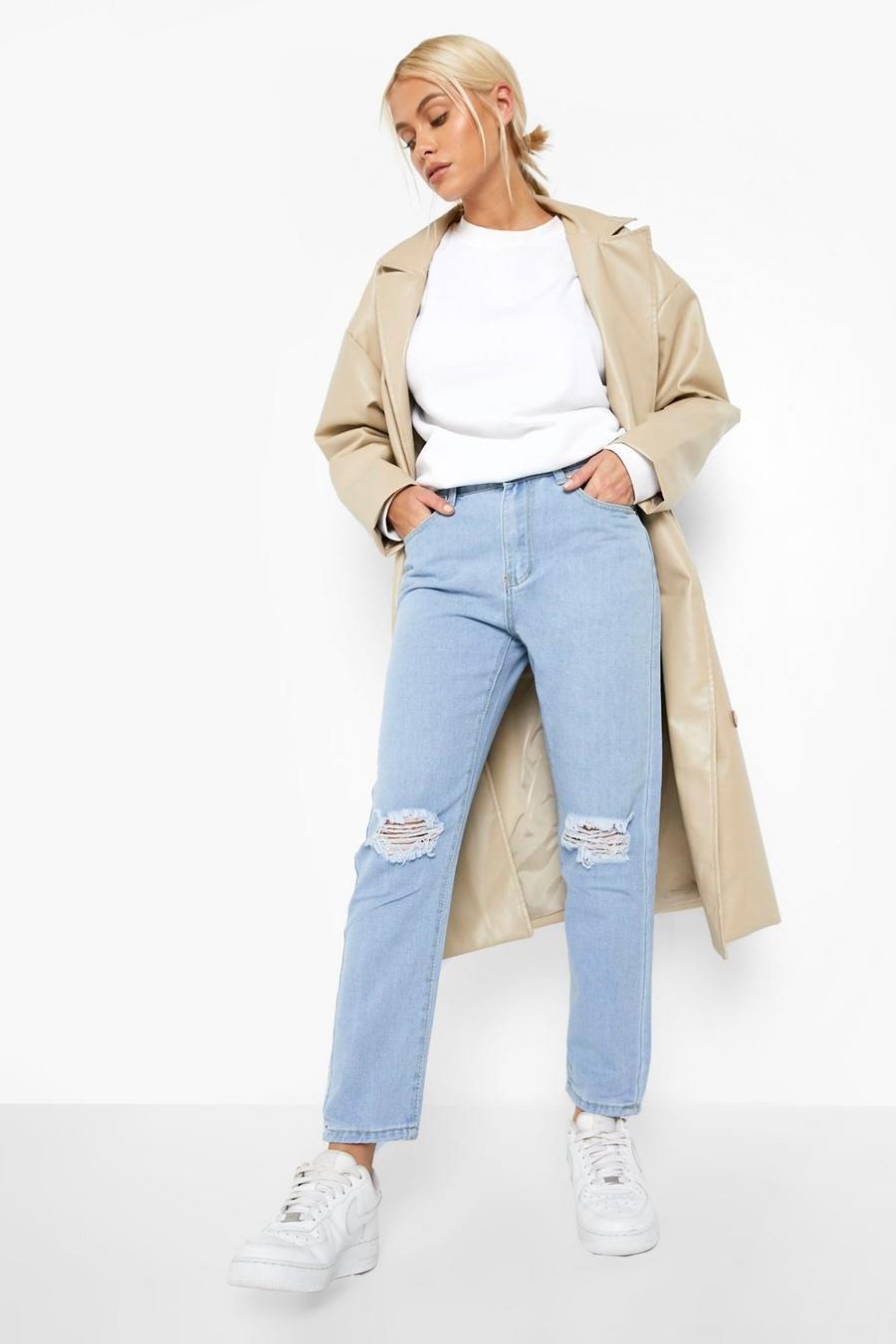 Light blue blå Basics High Waisted Ripped Straight Fit Jeans image number 1
