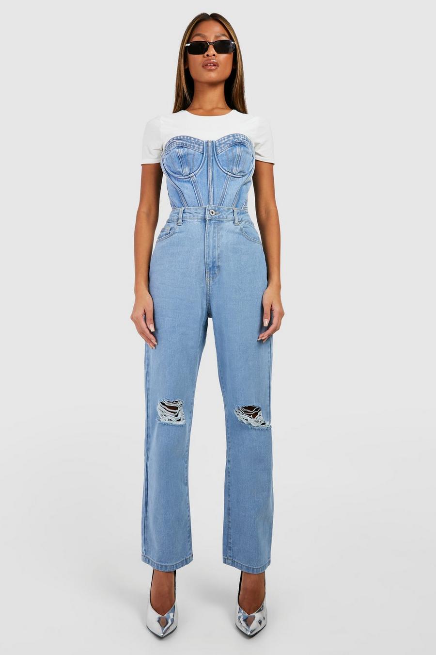 Light wash blue Basics High Waisted Ripped Straight Leg Jeans image number 1