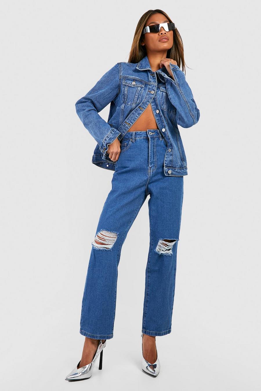 Mid wash Basics High Waisted Ripped Straight Leg Jeans image number 1