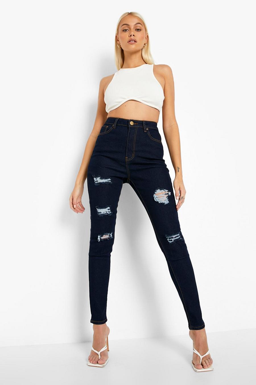 Jeans Basics Skinny Fit a vita alta effetto super smagliato, Blu scuro image number 1