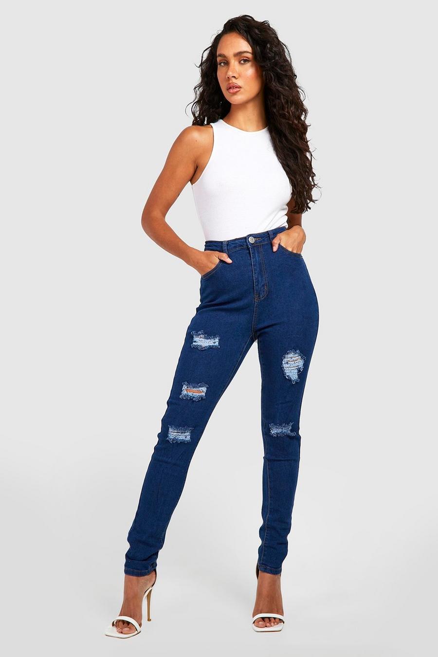 Super zerrissene Skinny Jeans mit hohem Bund, Mittelblau image number 1