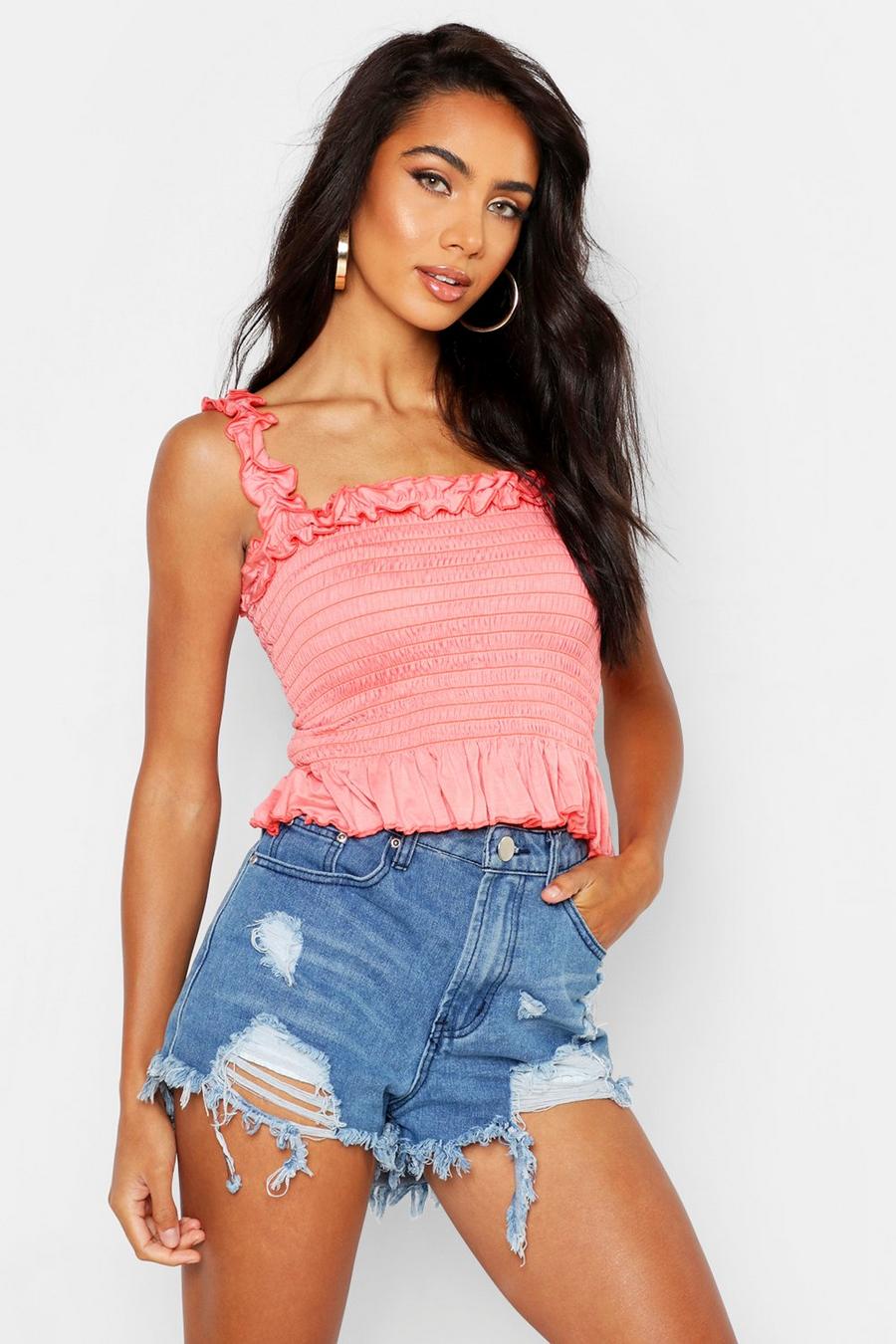 Coral Shirred Ruffle Detail Crop Top image number 1
