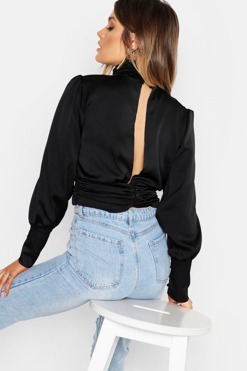satin open back blouse