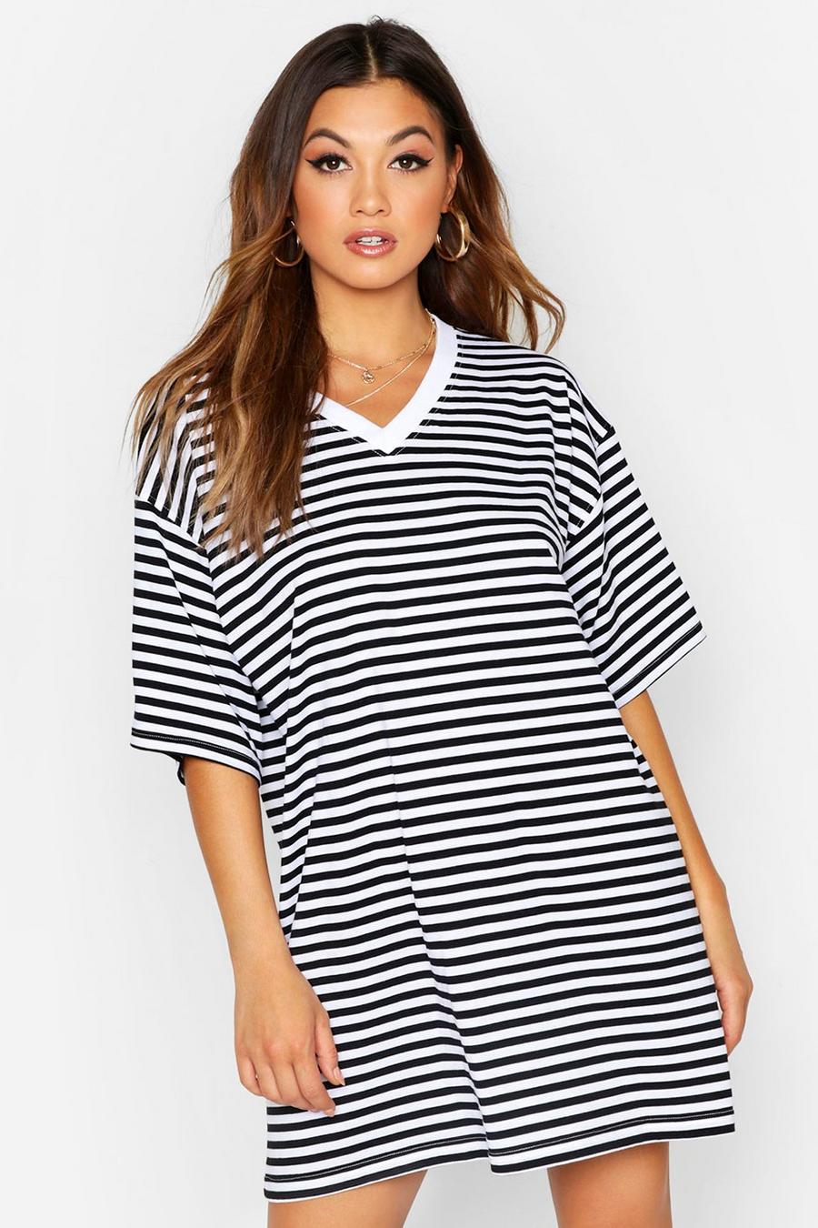 Black V Neck Stripe Cotton T Shirt Dress image number 1