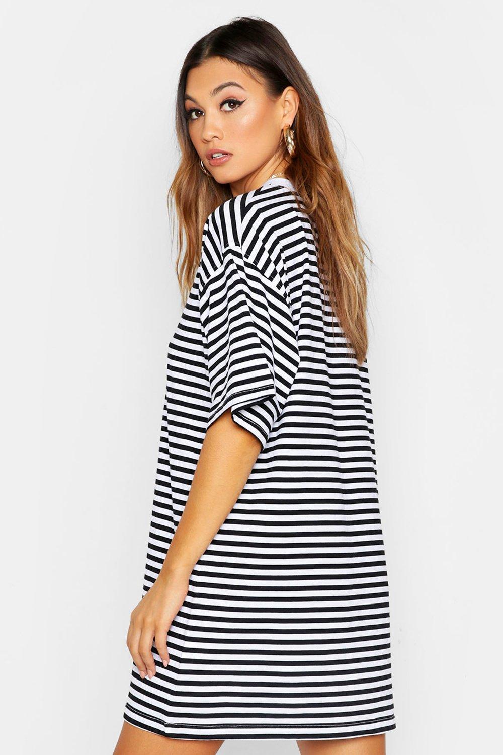 V Neck Stripe Cotton T Shirt Dress