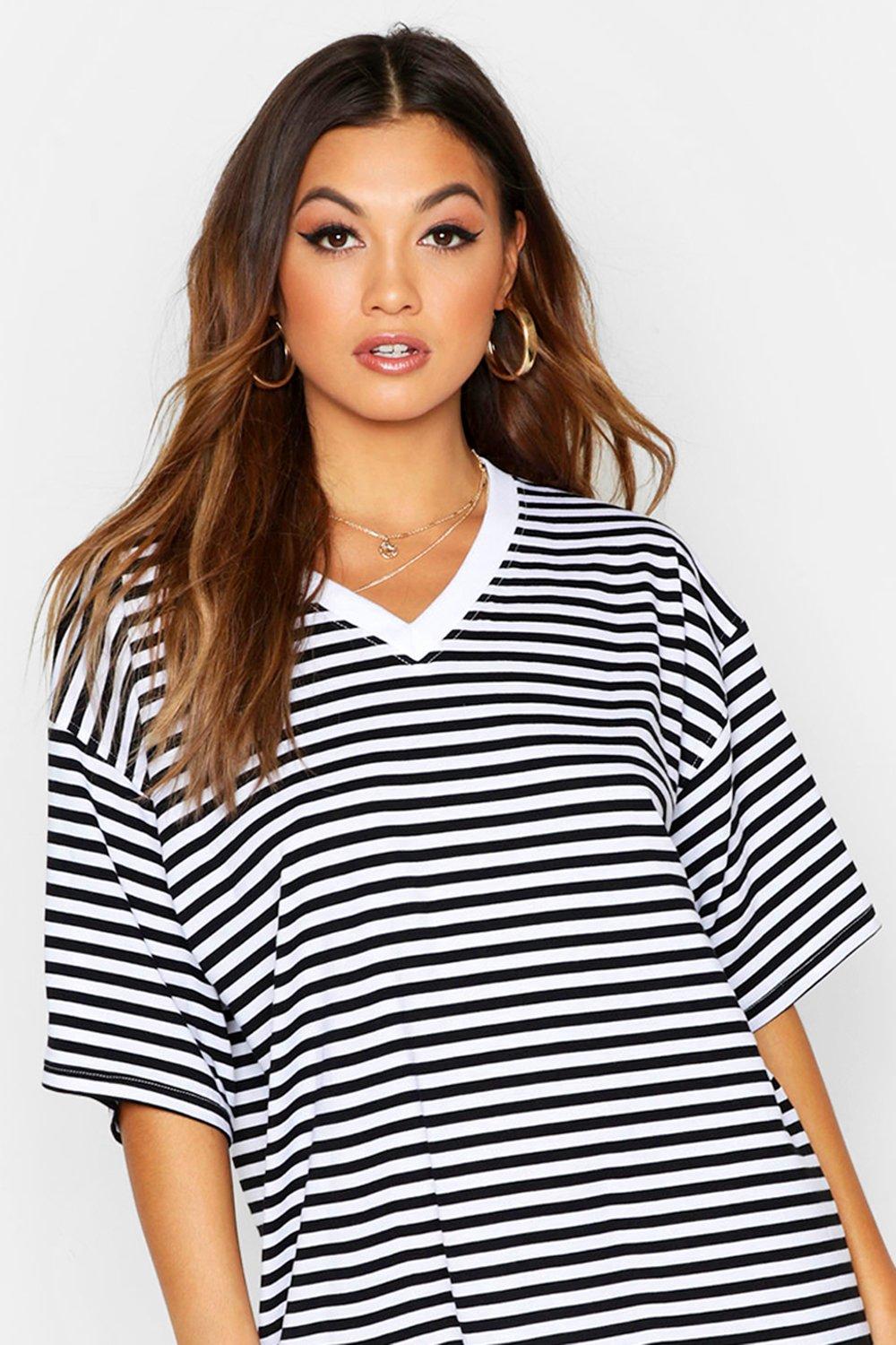 V Neck Stripe Cotton T Shirt Dress